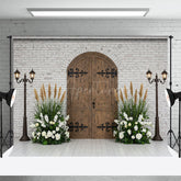 Aperturee - Aperturee Bricks Wall Floral Plant Wooden Door Photo Backdrop